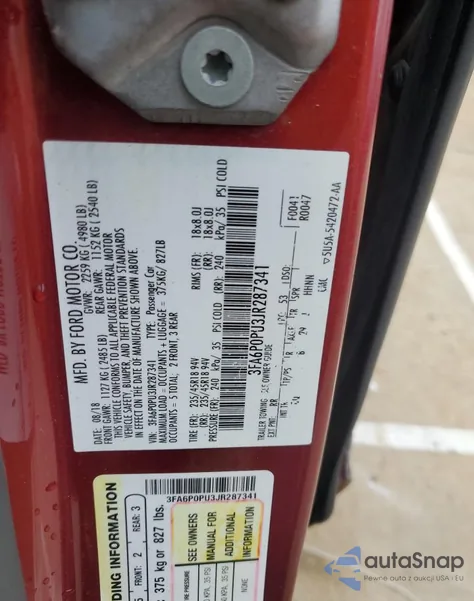 2018 Ford Fusion Se Phev z USA, uszkodzony, nr VIN 3FA6P0PU3JR287341